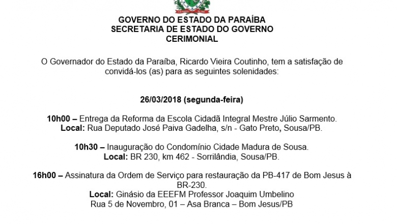 Na segunda: RC assina ordem de serviço para restauração da PB 417 em Bom Jesus e entrega Cidade Madura e Escola Técnica Estadual em Sousa