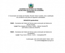 Ricardo Coutinho assina nesta quinta-feira (26) ordens de serviço das adutoras de Monte Horebe e Carrapateira