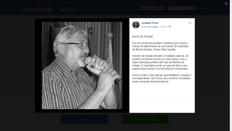 Lindolfo usa redes sociais para lamentar morte de Erivan Guarita: " Maior liderança política de Monte Horebe"