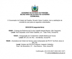 Na segunda: RC assina ordem de serviço para restauração da PB 417 em Bom Jesus e entrega Cidade Madura e Escola Técnica Estadual em Sousa