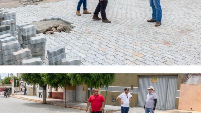 Em Monte Horebe, prefeito Marcos Eron inspeciona obra de intertravado no centro da cidade 